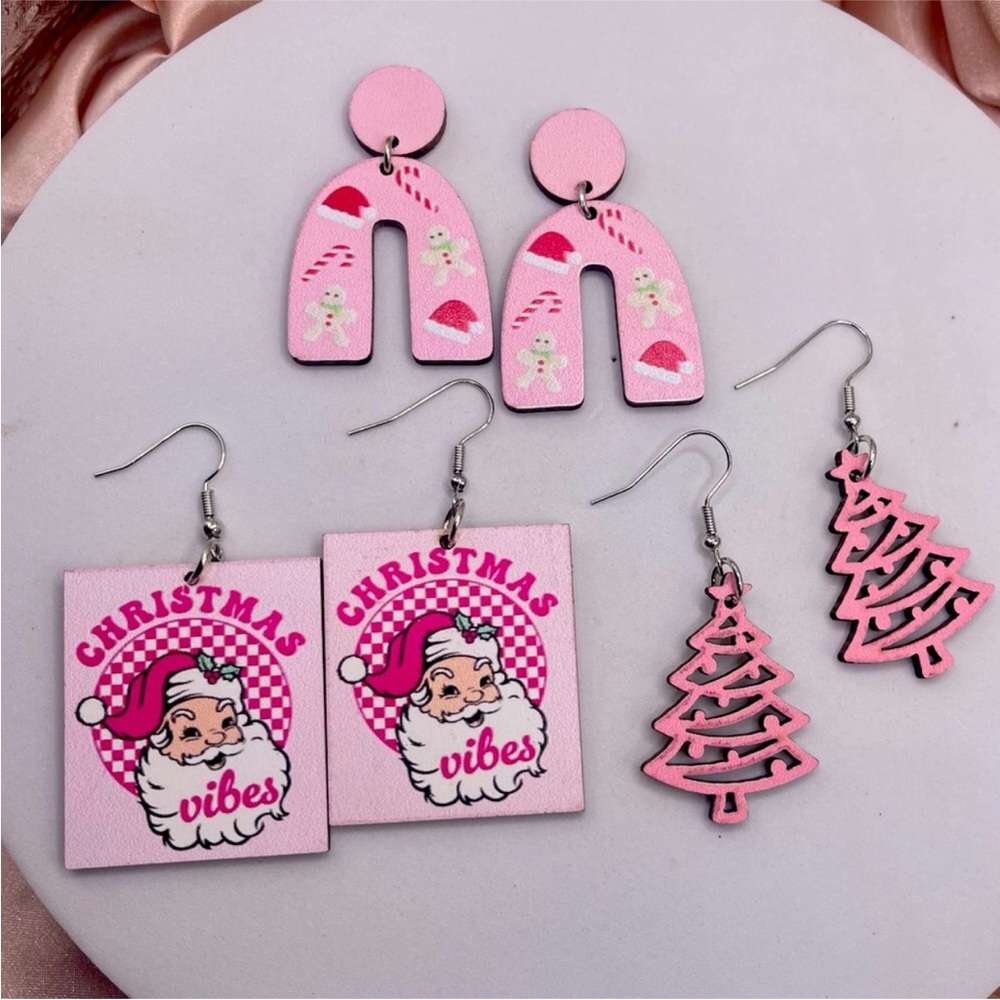 Wood Pink Christmas Earrings 3 pair